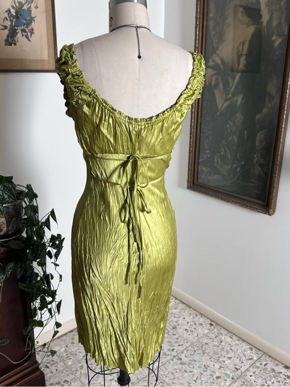 Vintage 90s early 2000s Betsey Johnson short green 100% silk casual dress Size 6 - Picture 5 of 8